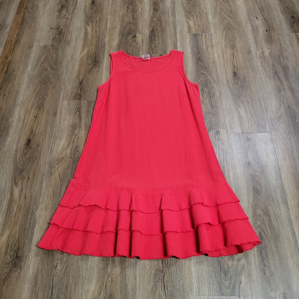 Color Me Cotton Dress Medium Red Cotton Midi Sheath Lagenlook Minimalist Ruffle